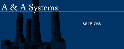 Welcome to  A & A Systems custom web solutions header graphic.  Shown is the ancient temple at delphi.  The picture is partially transparent engulfed in the blue background
