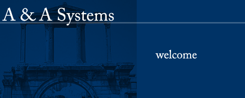 Welcome to  A & A Systems custom web solutions header graphic.  Shown is the ancient Arch of Hadrian.  The picture is partially transparent engulfed in the blue background